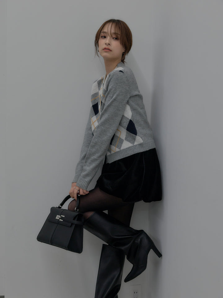 【SET】アーガイル柄コンパクトニットカーディガン+ベロアバルーンミニスカート(インパン付き)(2set)