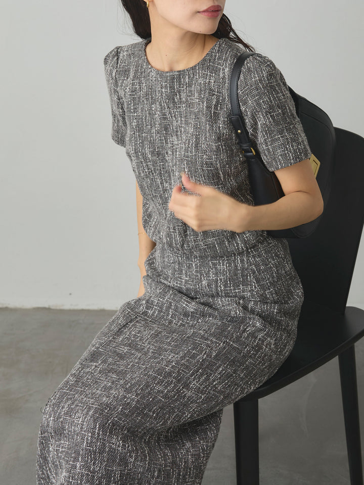 【SET】【Essential】ツイードハーフスリーブトップス+【Essential】ツイードペンシルスカート(2set)