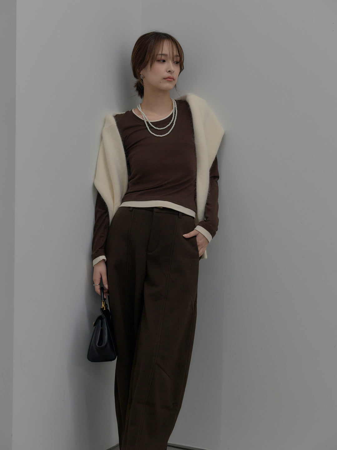 【SET】バイカラーレイヤードカットソー+カーブデザインスウェットライクパンツ(2set)