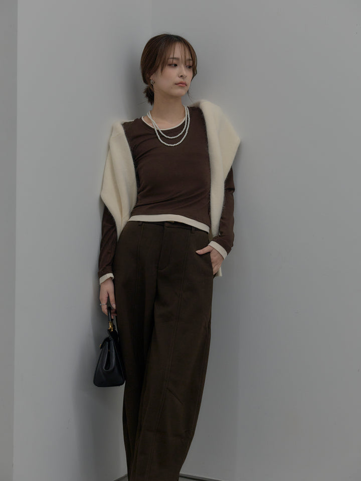 【SET】バイカラーレイヤードカットソー+カーブデザインスウェットライクパンツ(2set)