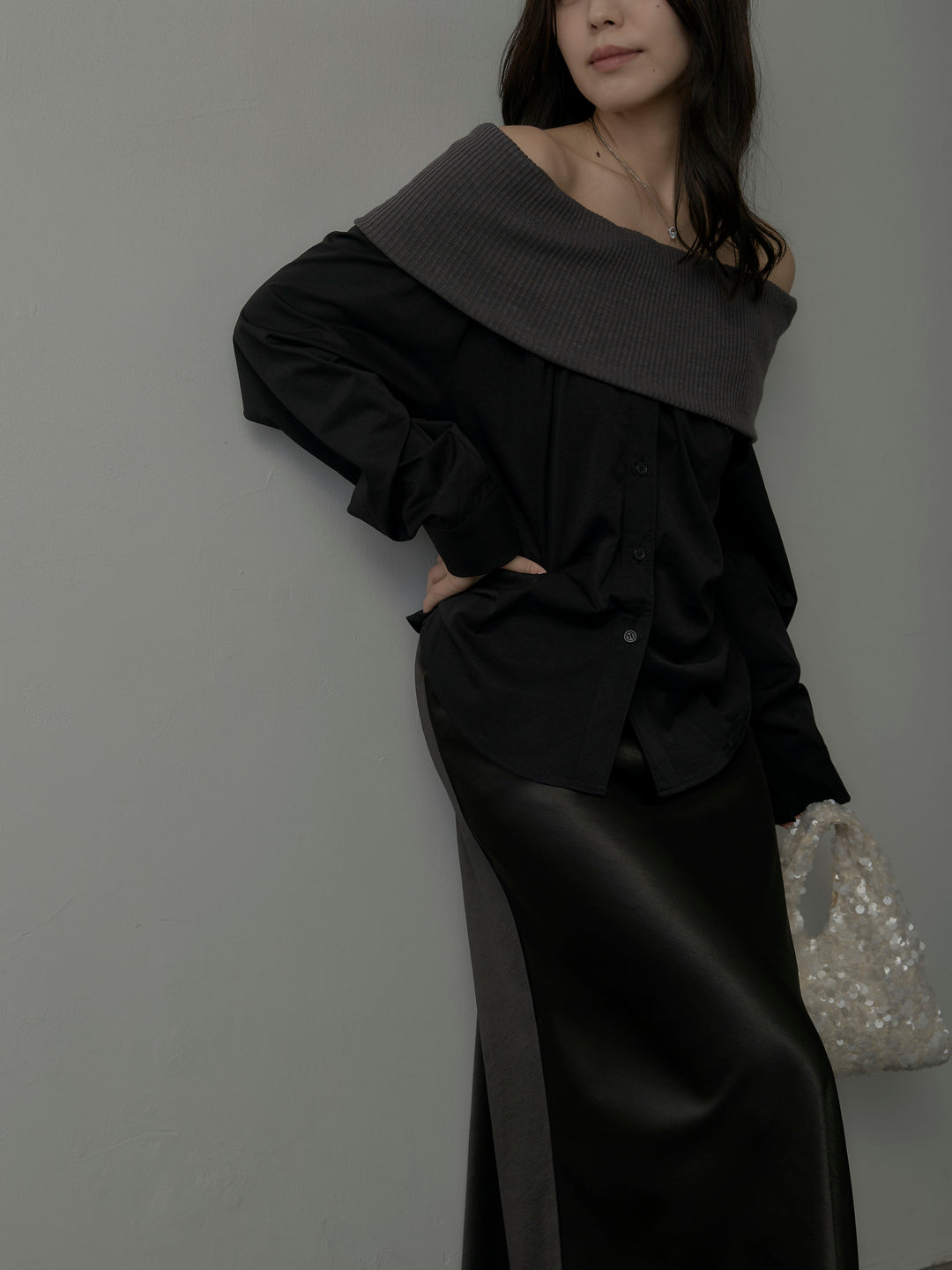 ニットシャツドッキングオフショルトップス