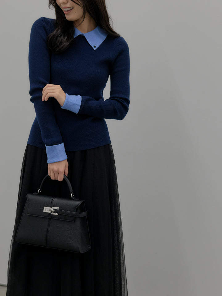 【SET】配色カフスニットポロ+ボリュームチュールスカート(2set)