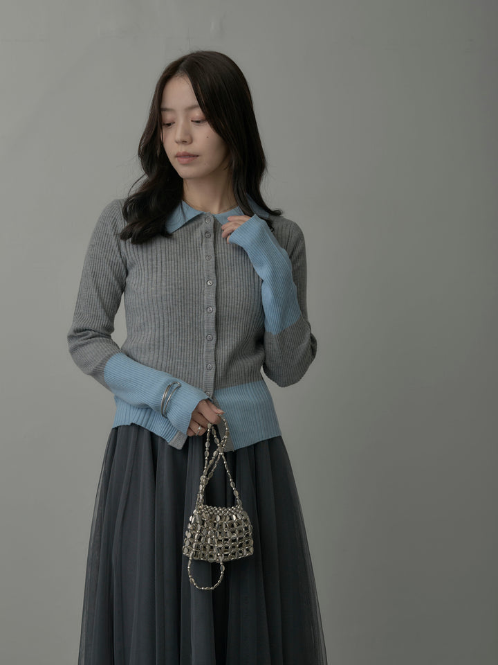 【SET】バイカラーリブニットポロトップス+ボリュームチュールスカート(2set)