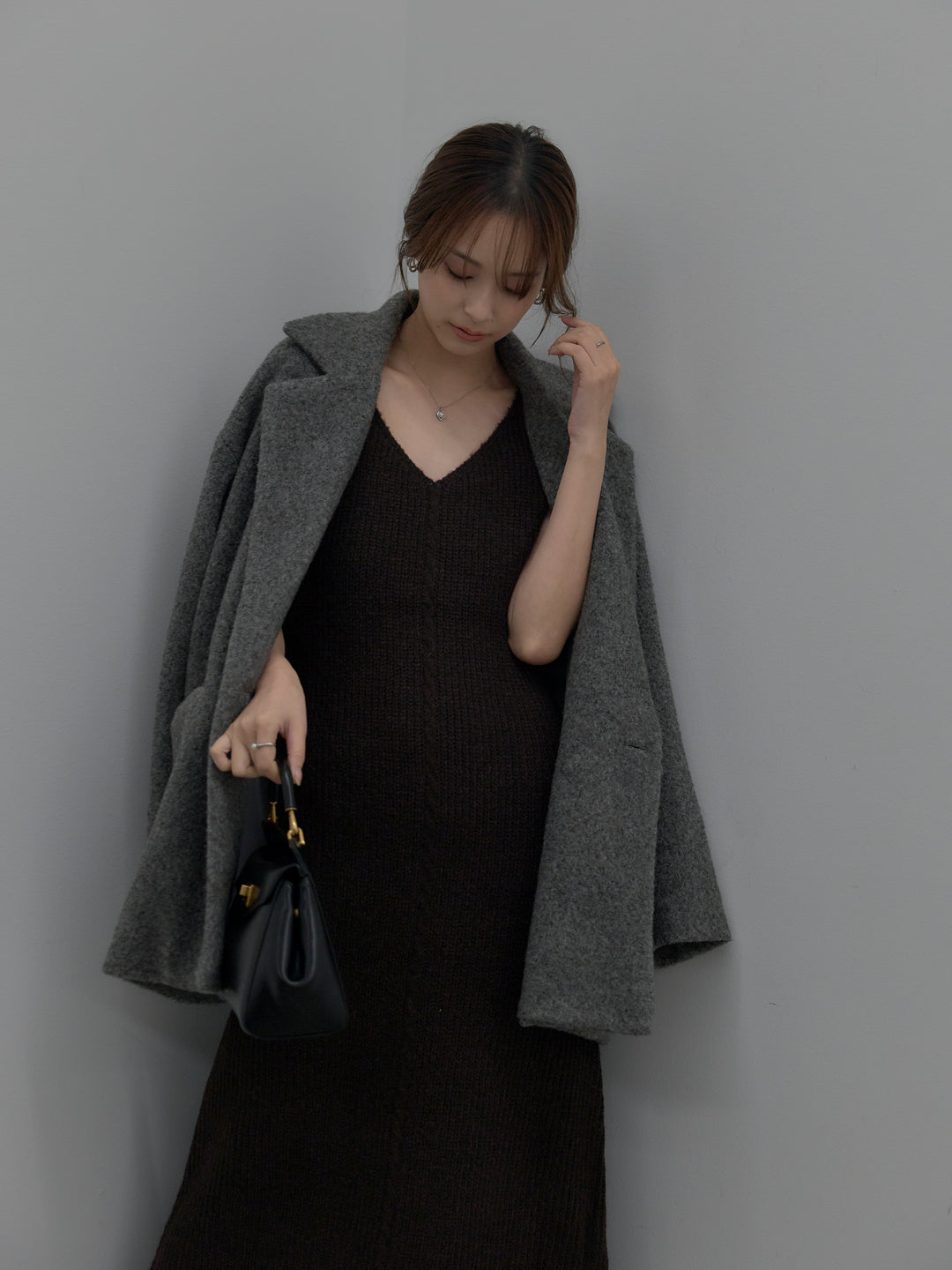 【SET】【Essential】オーバーサイズジャケットコート+リュクスリブニットロングドレス(2set)