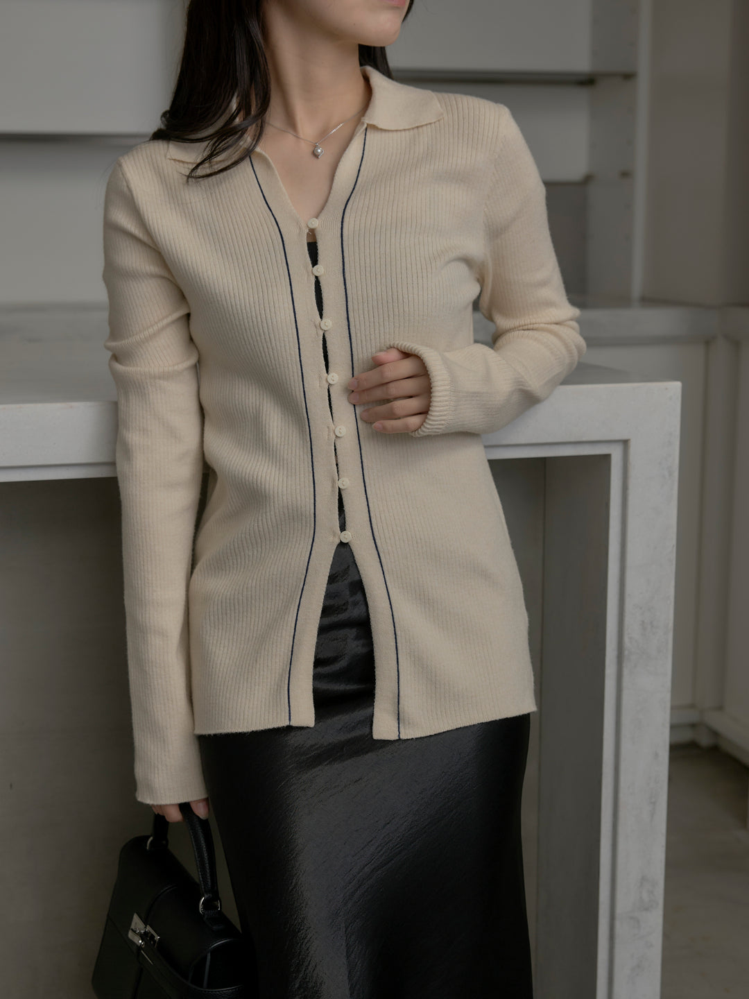 【SET】リブ配色ラインポロニットカーディガン+ナローAラインサテンスカート(2set)