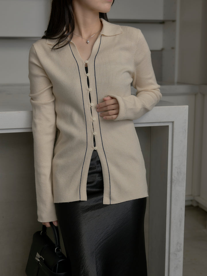 リブ配色ラインポロニットカーディガン