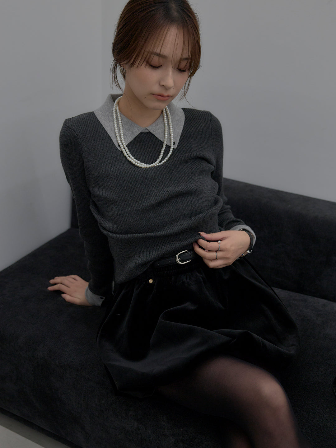 【SET】配色カフスニットポロ+ベロアバルーンミニスカート(インパン付き)(2set)