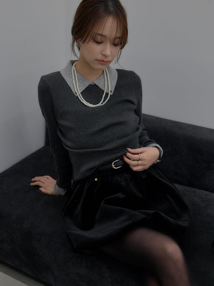 【SET】配色カフスニットポロ+ベロアバルーンミニスカート(インパン付き)(2set)