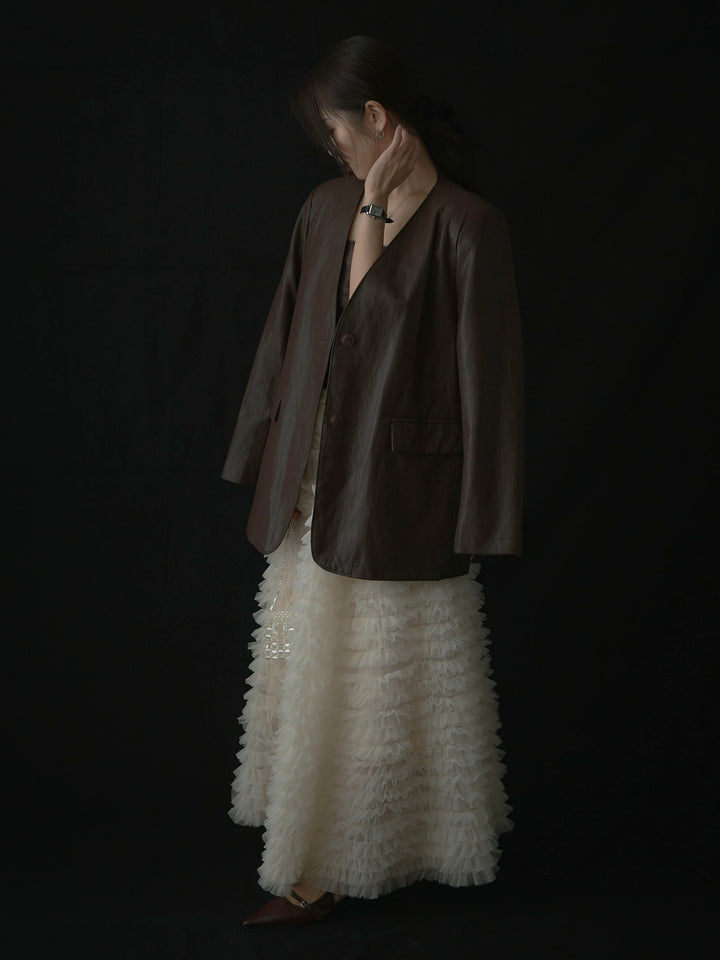 【SET】レザーノーカラージャケット+ドラマチックフリルチュールスカート(2set)