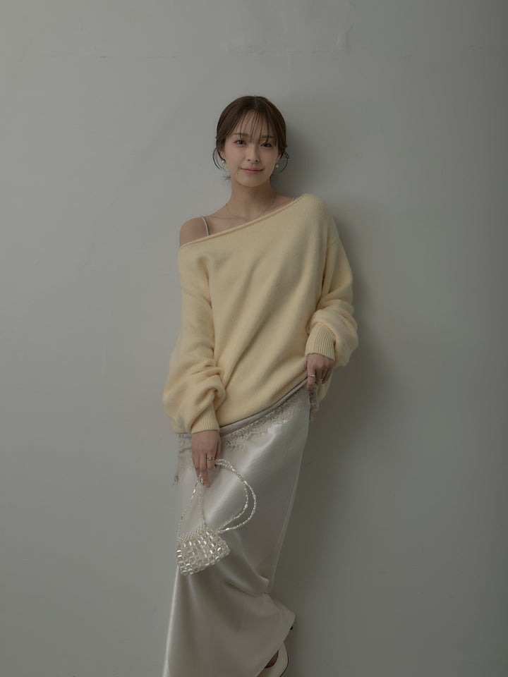 【SET】【premium touch】2wayショルダーニットプルオーバー+レースサテンキャミソール+ナローAラインサテンスカート(3set)