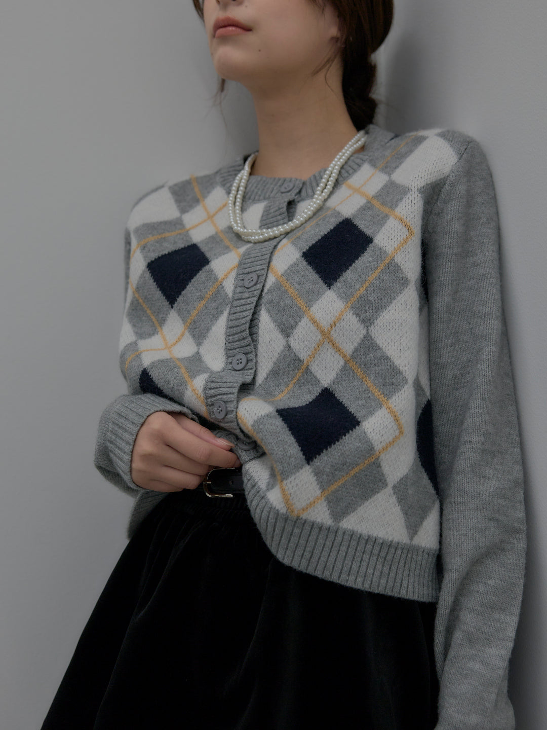 アーガイル柄コンパクトニットカーディガン