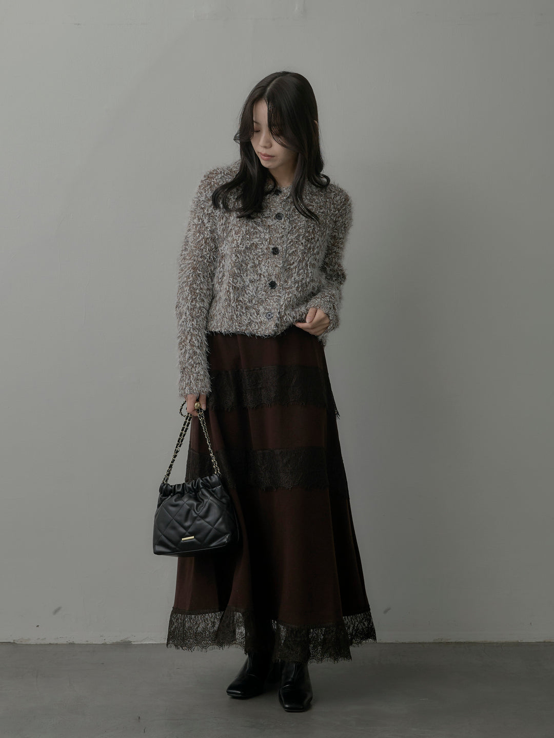 【SET】フェザーループニットカーディガン+レースデザインフレアスカート(2set)