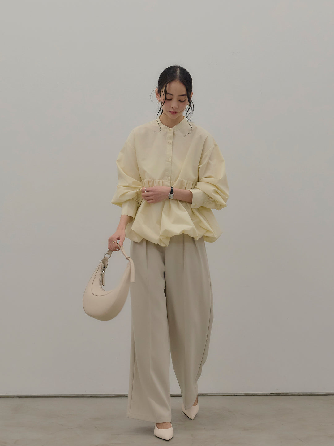 【SET】ブロードバルーンシャツ+ハイウエストセンタープレスワイドパンツ(2set)