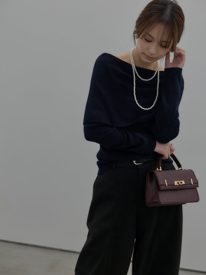 【SET】【premium touch】ソフトリブオフショルニットトップス+カーブデザインスウェットライクパンツ(2set)