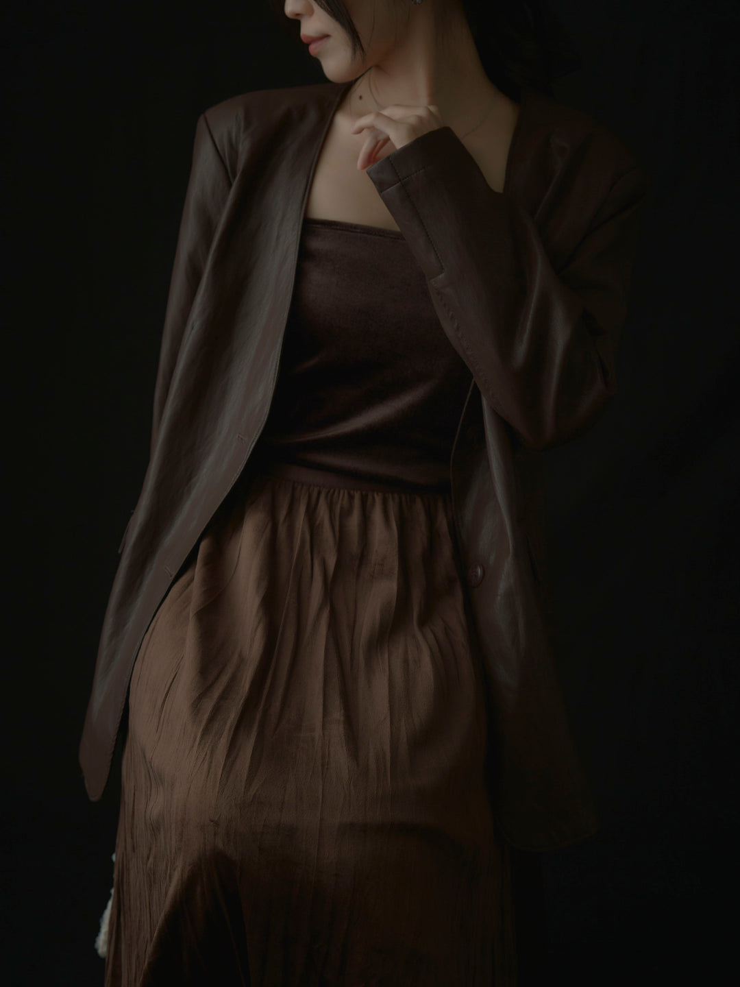 【SET】レザーノーカラージャケット+ベロアワッシャープリーツスカート(2set)