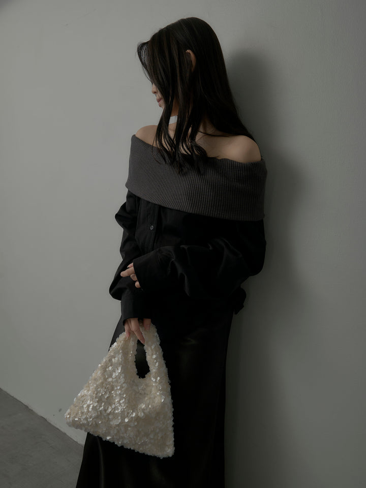 【SET】ニットシャツドッキングオフショルトップス+ヘビーサテンAラインスカート(2set)