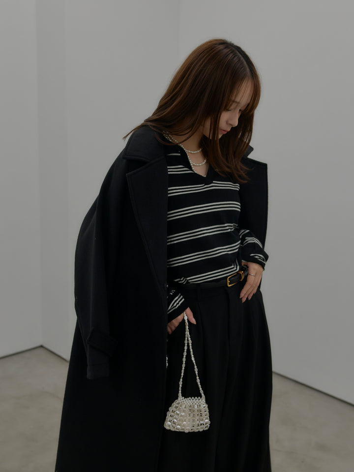 ボーダーポロ襟ニットプルオーバー