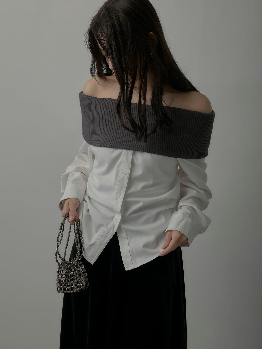 【SET】ニットシャツドッキングオフショルトップス+ベロアフレアロングスカート(2set)