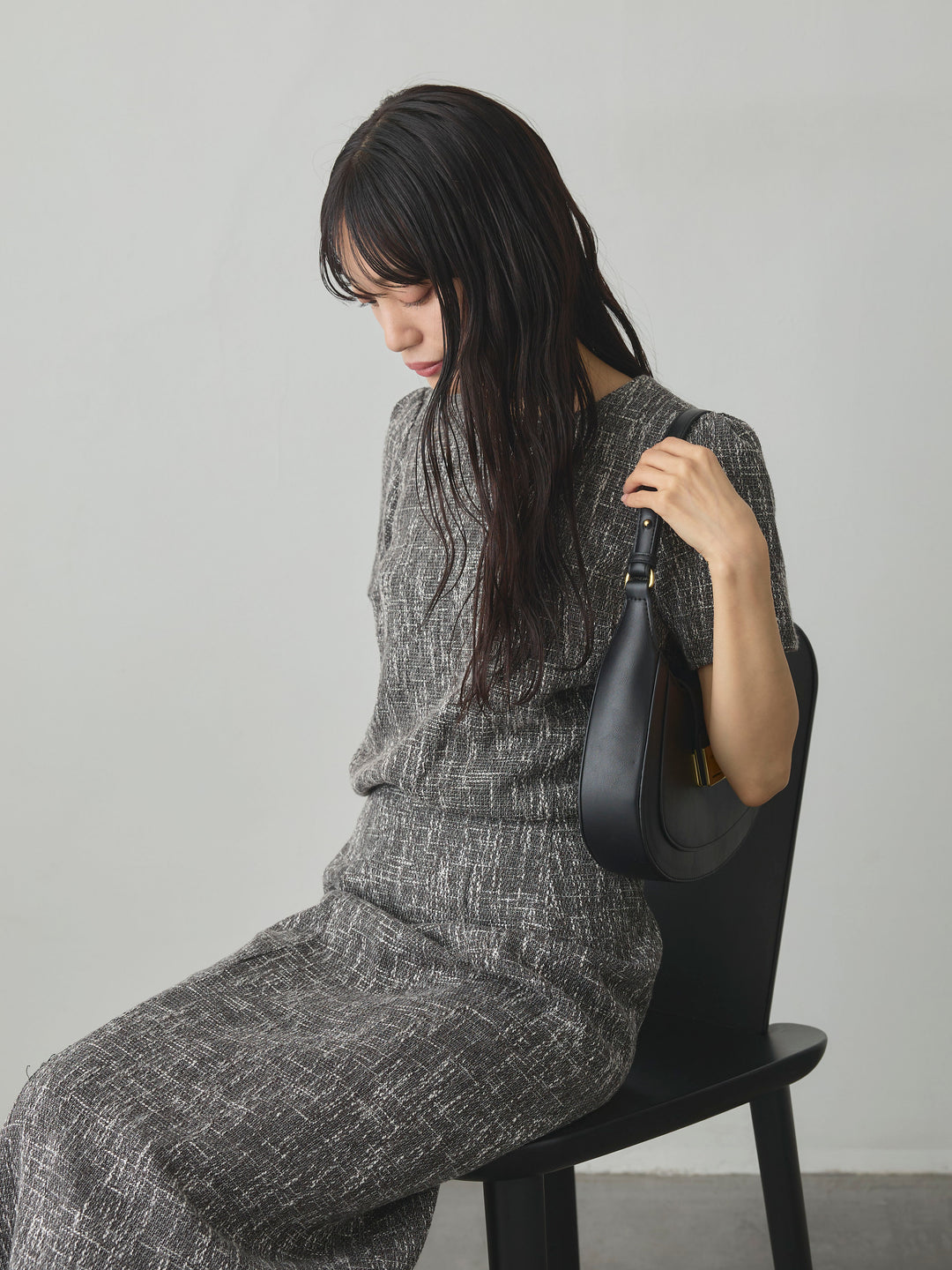 【SET】【Essential】ツイードハーフスリーブトップス+【Essential】ツイードペンシルスカート(2set)