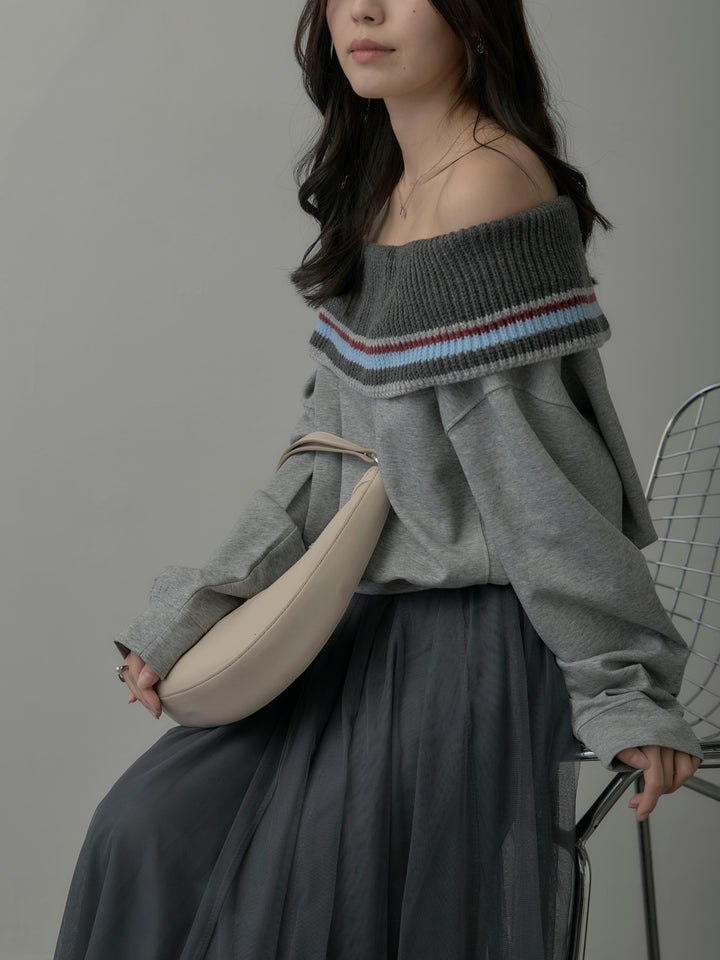 配色ボーダースウェットオフショルトップス