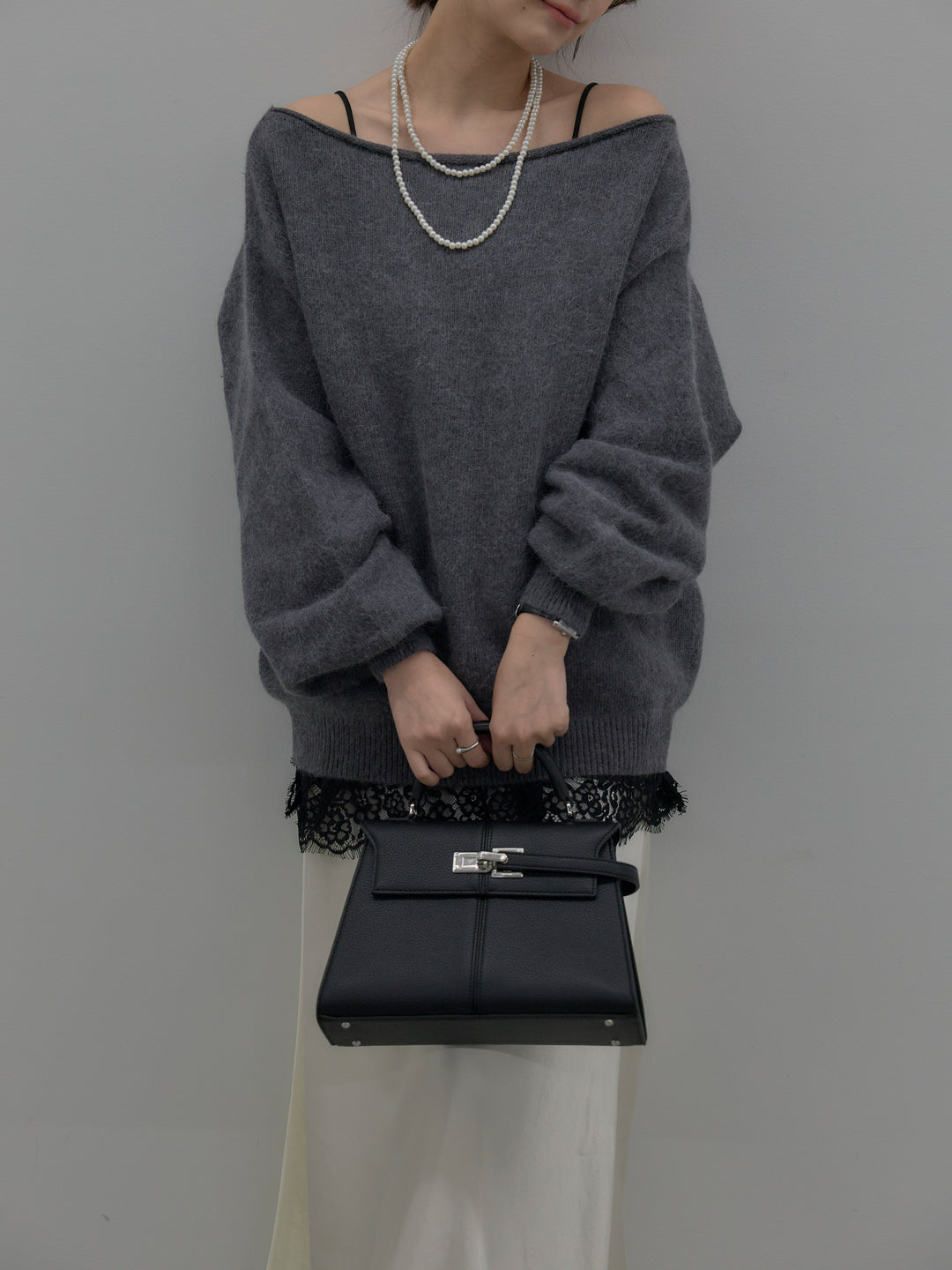 【SET】【premium touch】2wayショルダーニットプルオーバー+ナローAラインサテンスカート(2set)