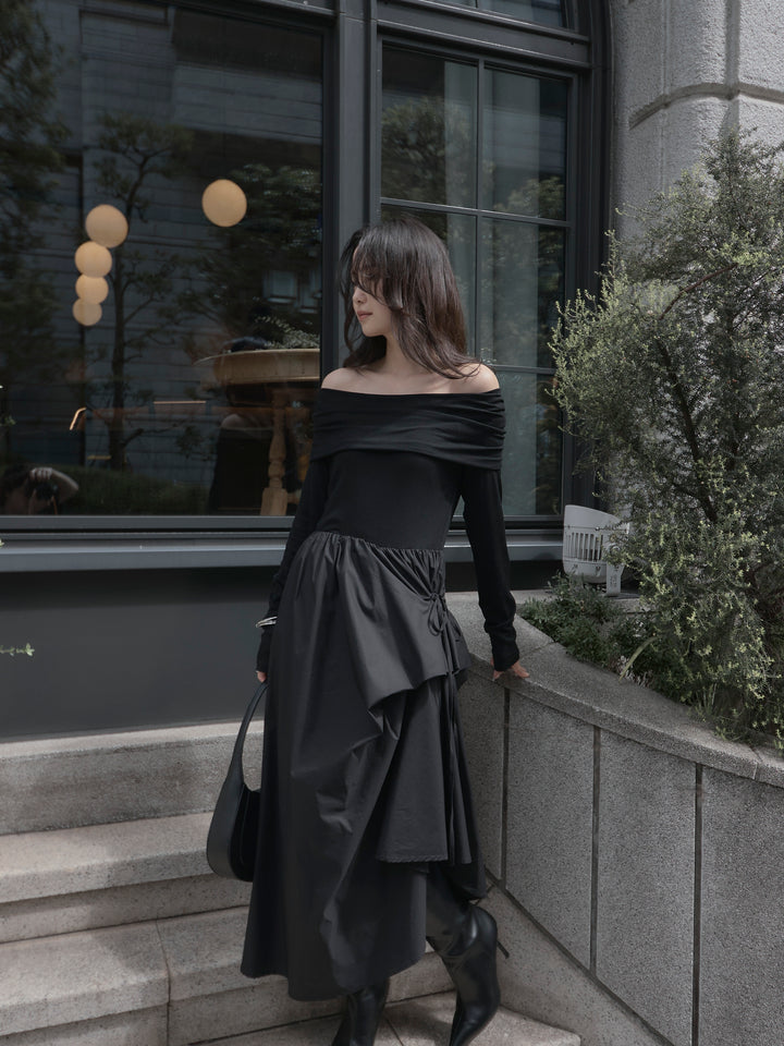 [予約]オフショルリブドッキングワンピース