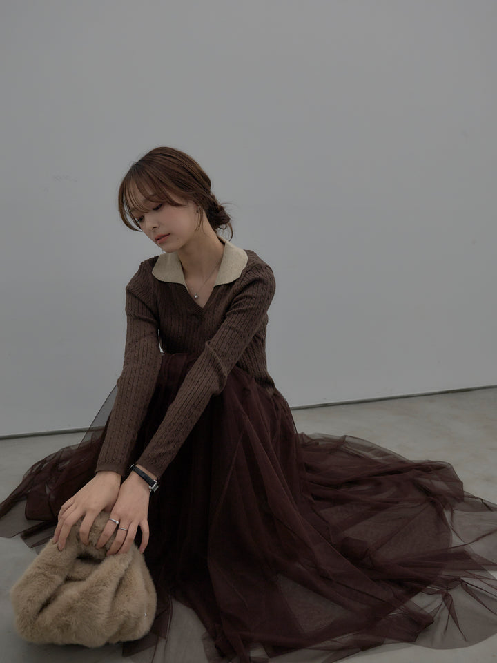 【SET】配色Vネックケーブルニットトップス+ボリュームチュールスカート(2set)