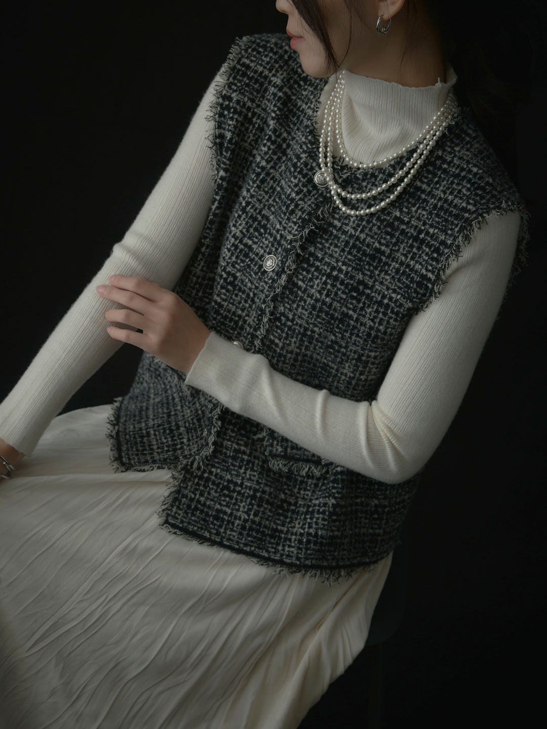 【SET】ツイードフリンジベスト+リブニットタートルネック+ベロアワッシャープリーツスカート(3set)