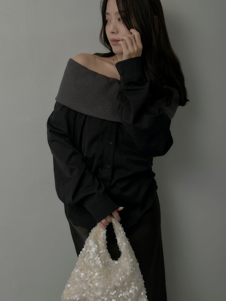 【SET】ニットシャツドッキングオフショルトップス+ヘビーサテンAラインスカート(2set)