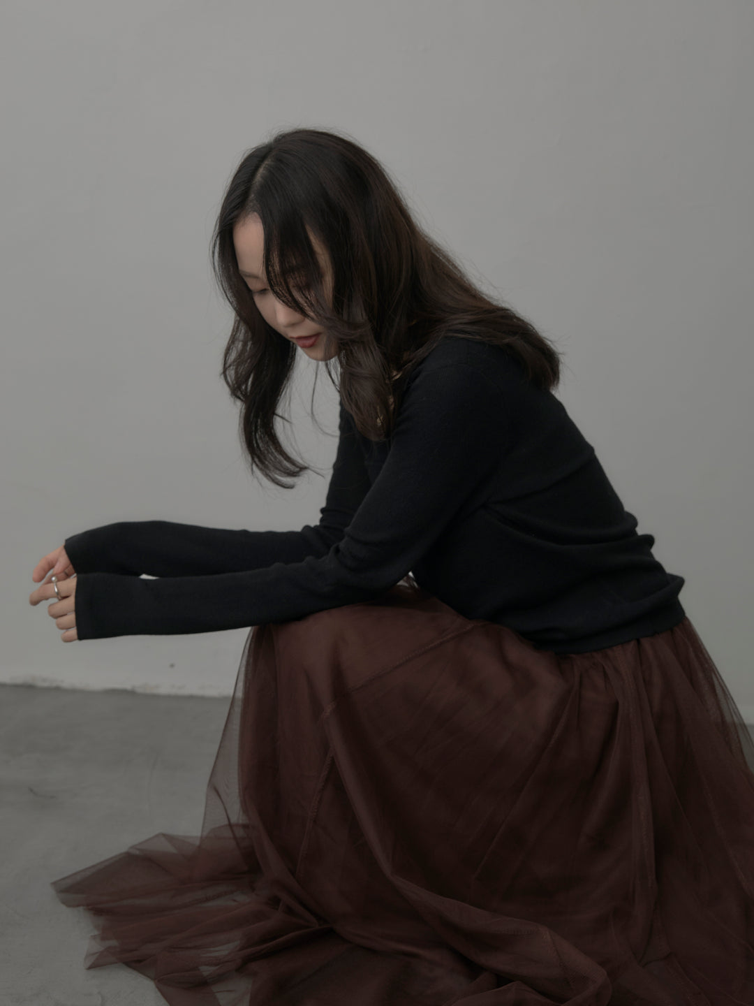 【SET】ポケットデザインリブニットトップス+ボリュームチュールスカート(2set)