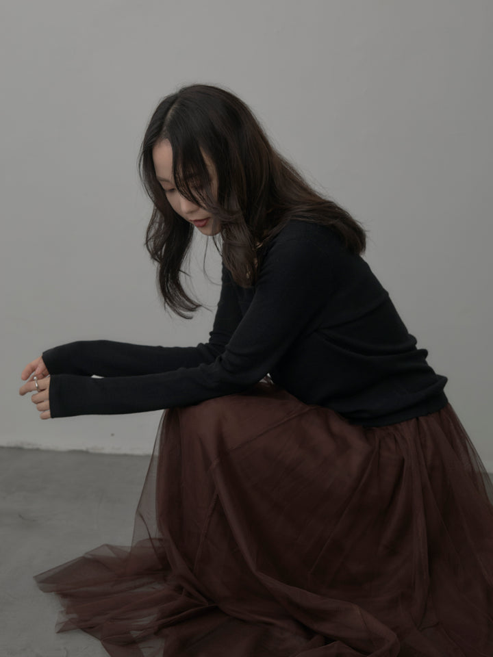 【SET】ポケットデザインリブニットトップス+ボリュームチュールスカート(2set)