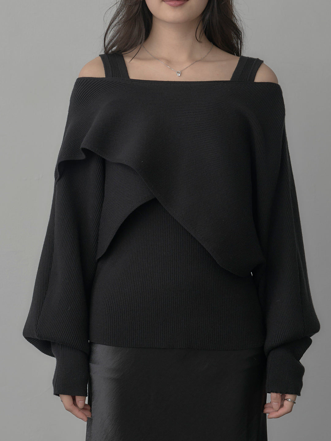 【SET】タンク付きクロスデザインニットプルオーバー+ナローAラインサテンスカート(2set)