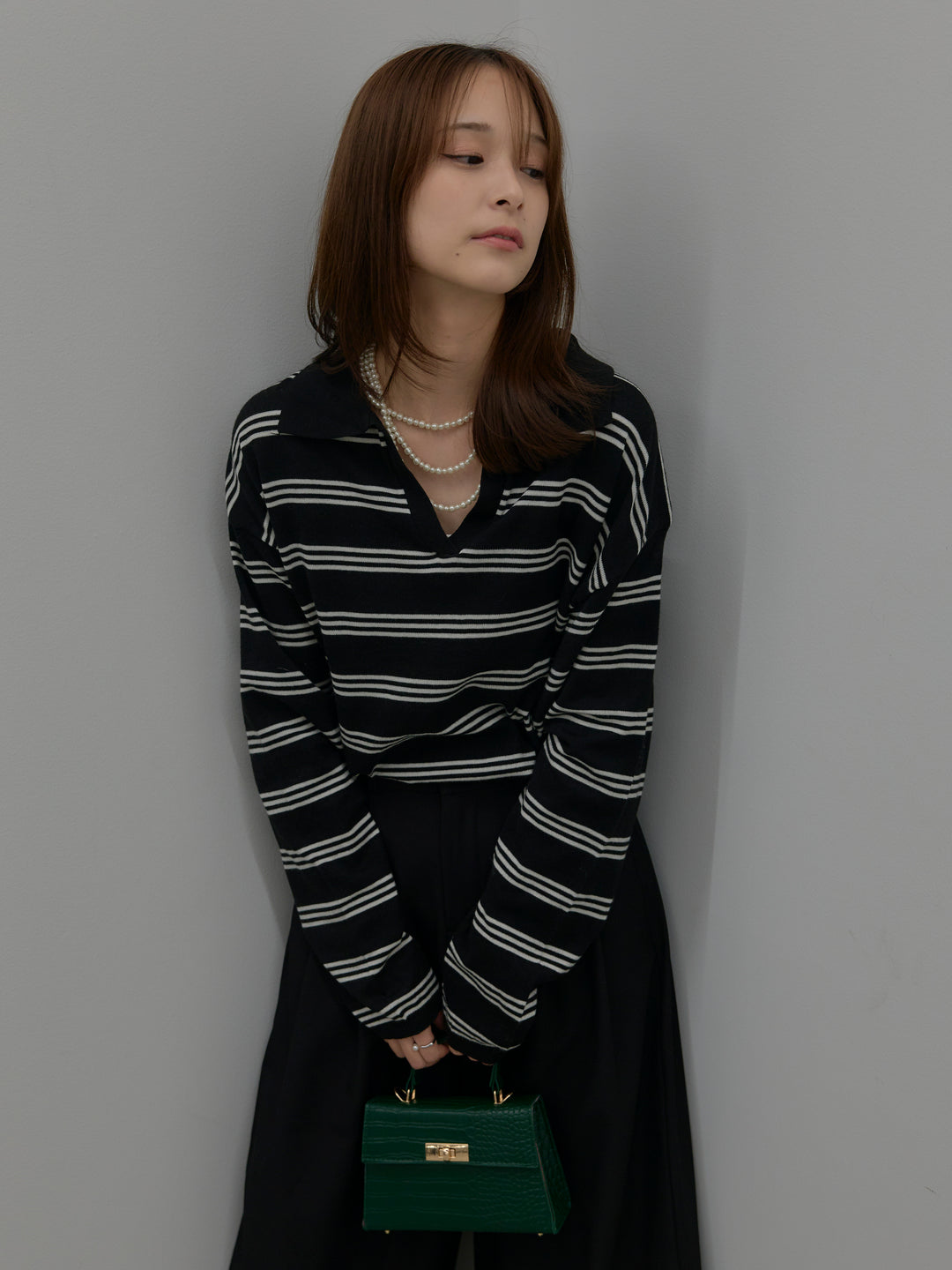 ボーダーポロ襟ニットプルオーバー