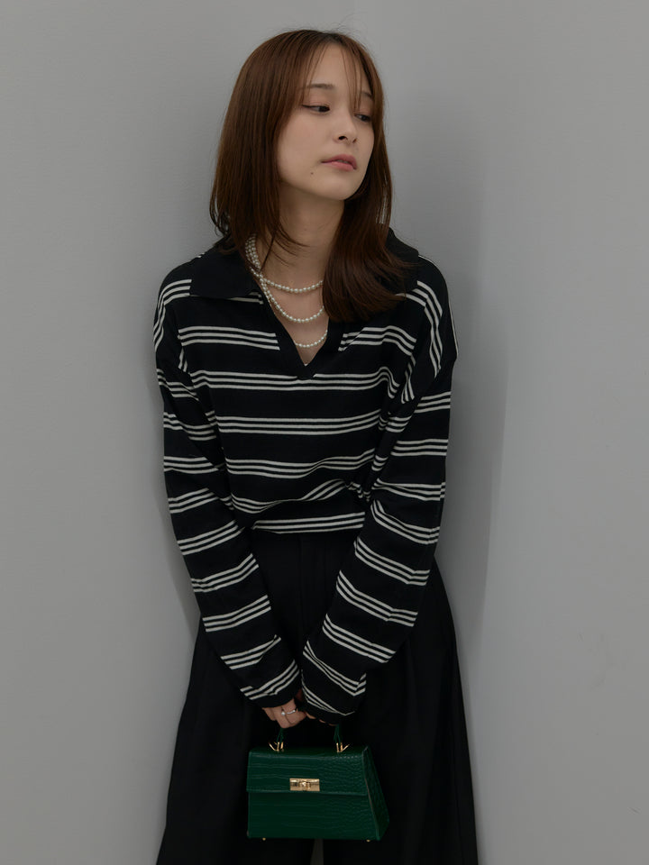 ボーダーポロ襟ニットプルオーバー