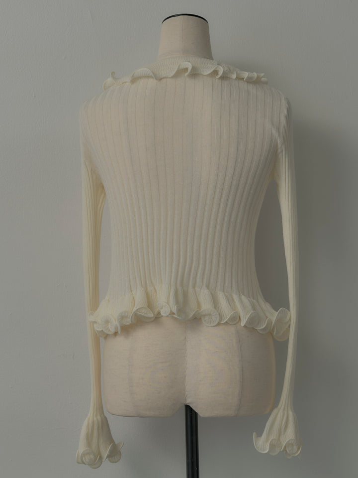 Vネックフリルデザインニットトップス