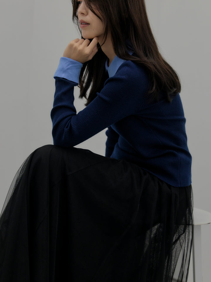 【SET】配色カフスニットポロ+ボリュームチュールスカート(2set)