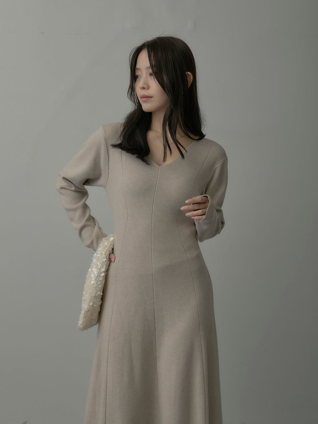 【SET】ショールカラーニットカーディガン+Vネックニットロングワンピース(2set)