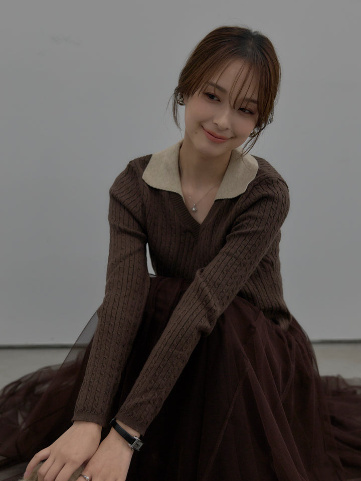 【SET】配色Vネックケーブルニットトップス+ボリュームチュールスカート(2set)