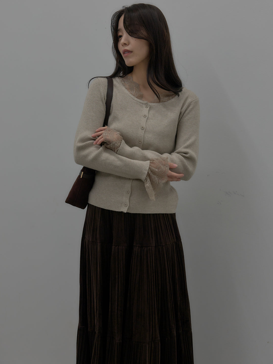【SET】レースドッキングリブニットトップス+ベロアプリーツティアードスカート(2set)