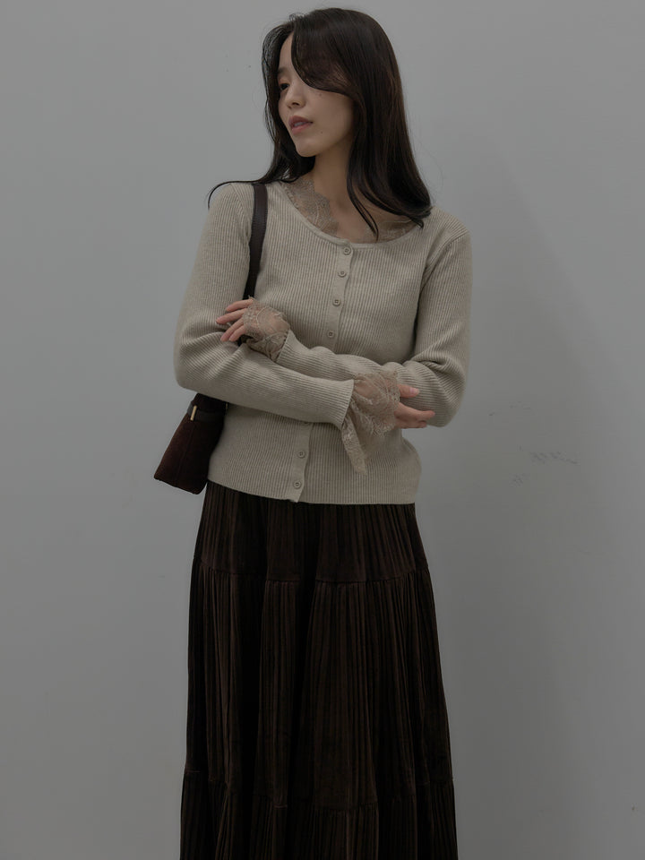 【SET】レースドッキングリブニットトップス+ベロアプリーツティアードスカート(2set)