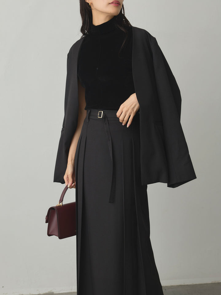 【SET】【Essential】フロントホックノーカラージャケット+【Essential】ベルト付きサイドタックスカート(2set)