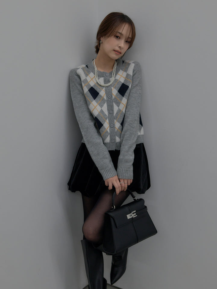 【SET】アーガイル柄コンパクトニットカーディガン+ベロアバルーンミニスカート(インパン付き)(2set)