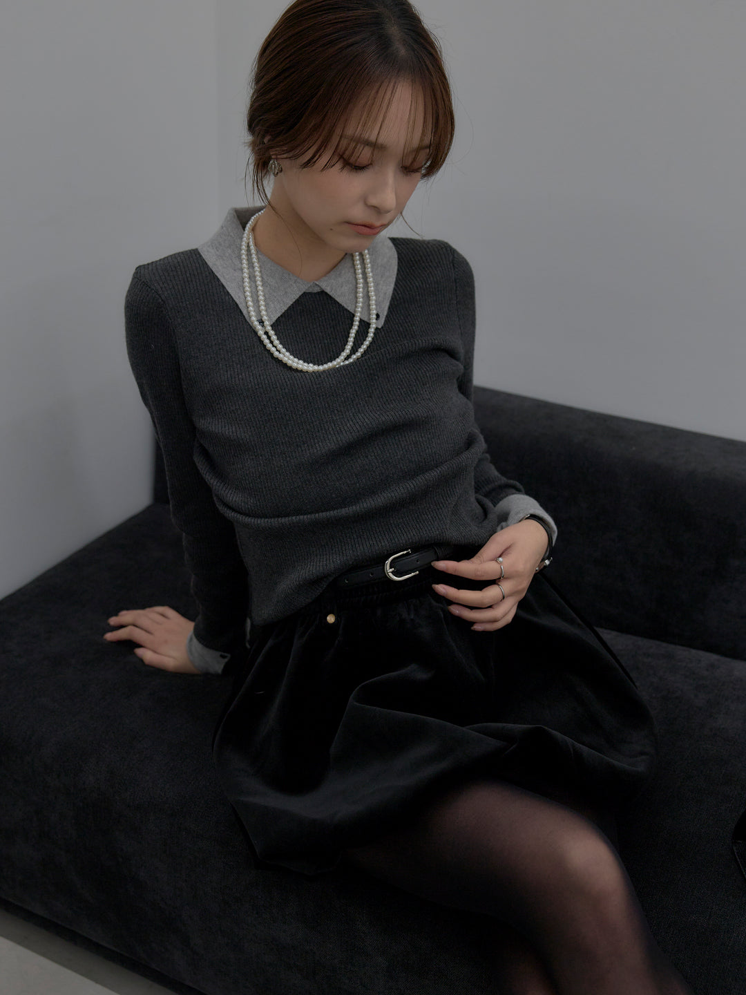 【SET】配色カフスニットポロ+ベロアバルーンミニスカート(インパン付き)(2set)