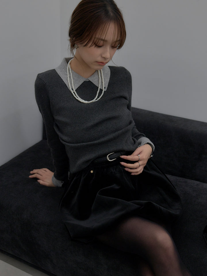 【SET】配色カフスニットポロ+ベロアバルーンミニスカート(インパン付き)(2set)