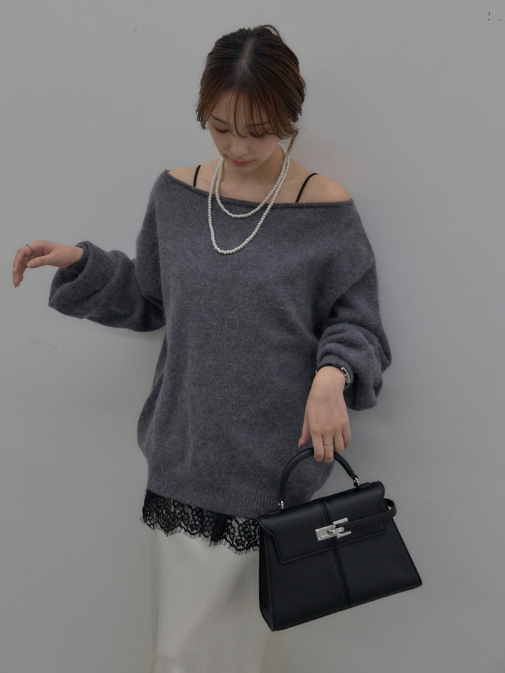 【SET】【premium touch】2wayショルダーニットプルオーバー+ナローAラインサテンスカート(2set)