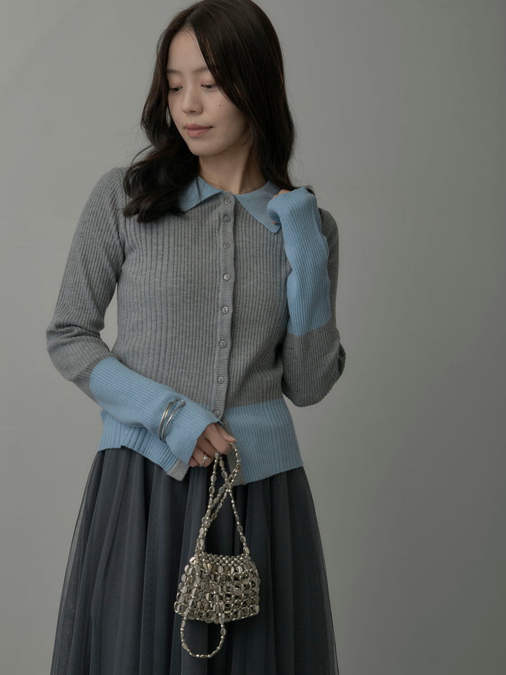 バイカラーリブニットポロトップス