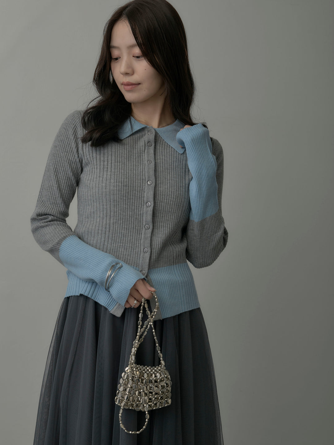 【SET】バイカラーリブニットポロトップス+ボリュームチュールスカート(2set)