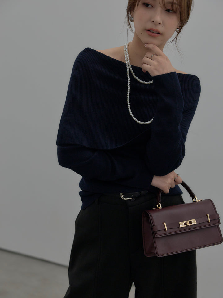 【SET】【premium touch】ソフトリブオフショルニットトップス+カーブデザインスウェットライクパンツ(2set)