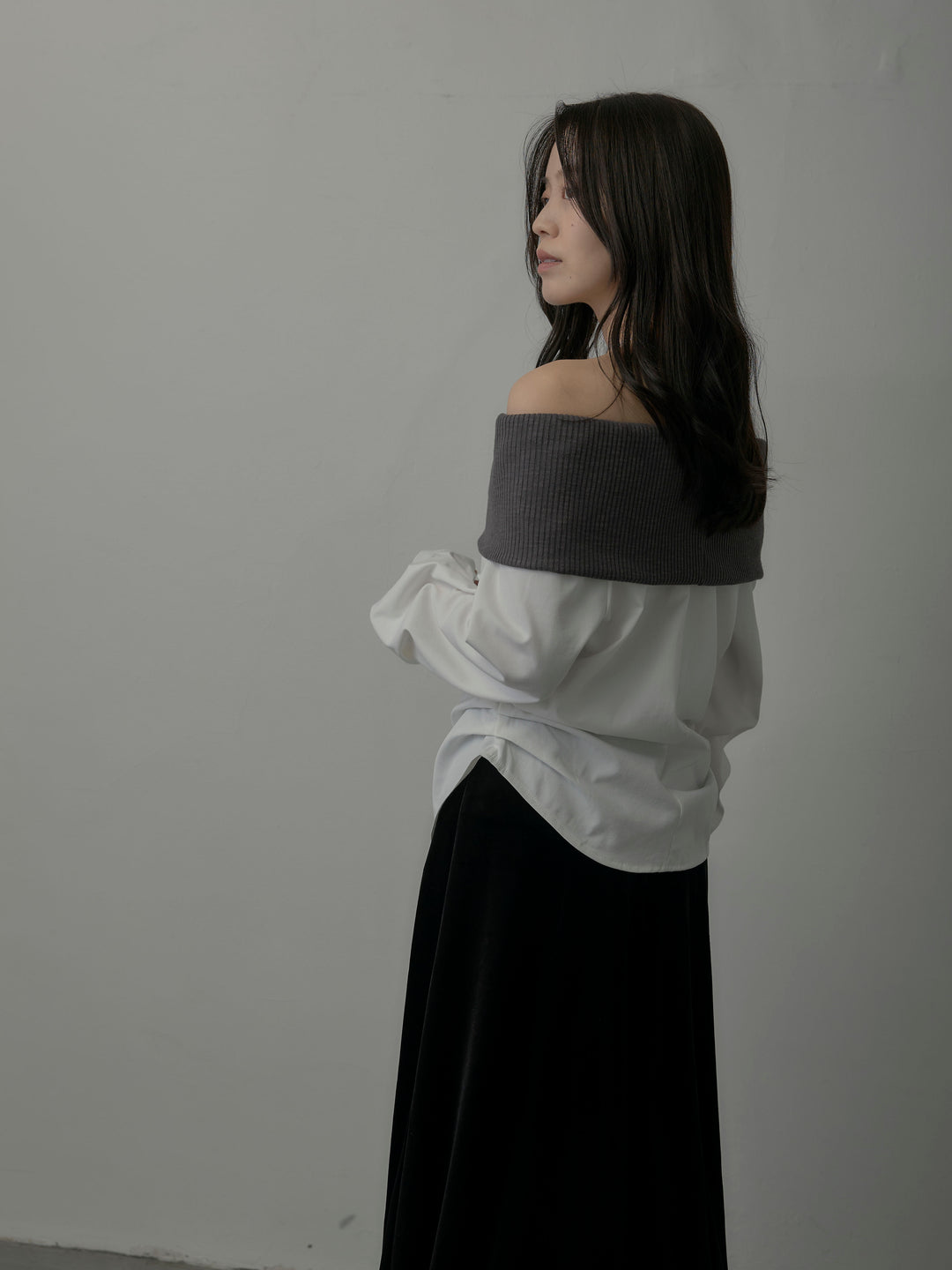 ニットシャツドッキングオフショルトップス