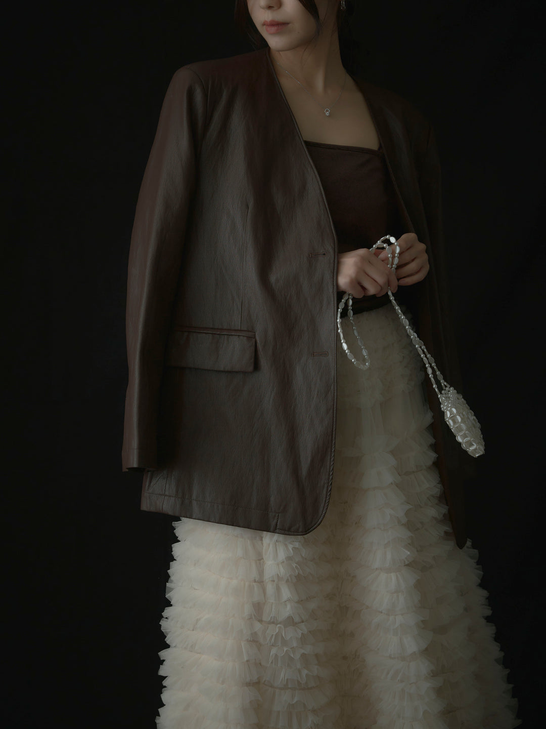 【SET】レザーノーカラージャケット+ドラマチックフリルチュールスカート(2set)